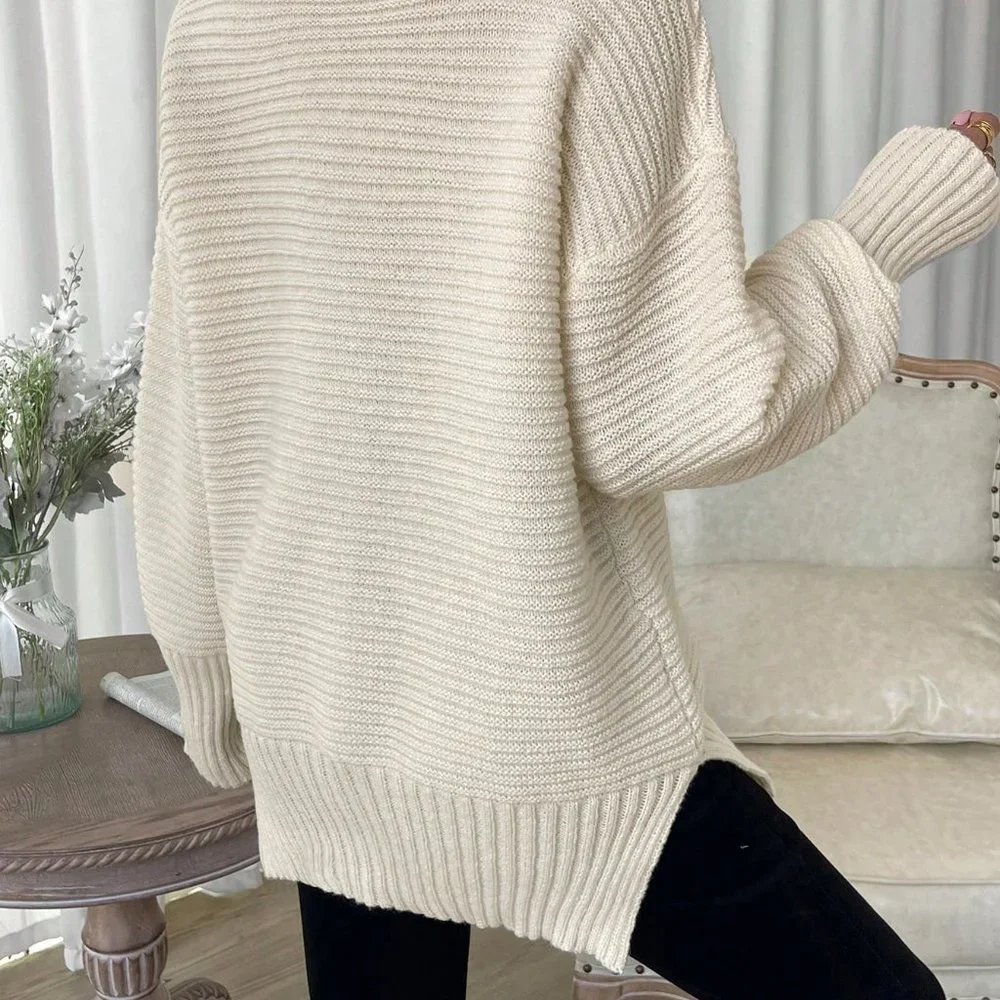 Apricot Casual Womens High Neck Drop Shoulder Split Hem Sweater